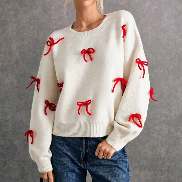 Apricot Casual Women's Christmas Cute Bow Decor Sweater - Picture 5 of 7